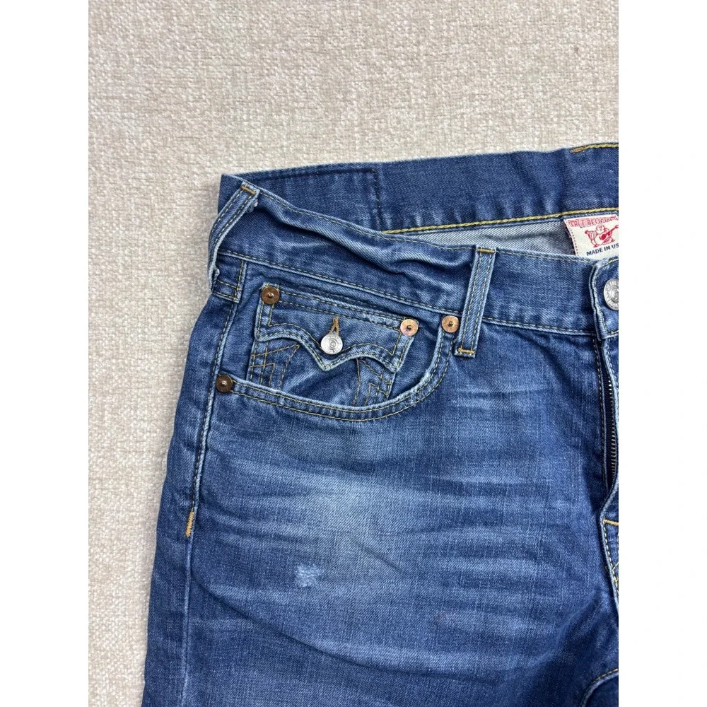 True Religion Mens Blue Denim Cut Off Shorts Size 36 Straight Flap Pocket USA